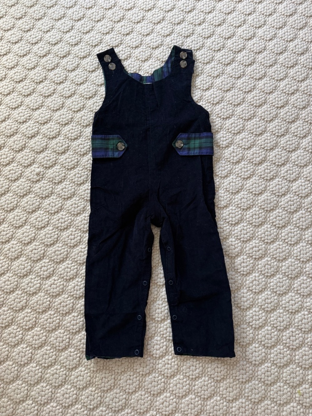 NBW The Beaufort Bonnet Company Navy Corduroy Overalls with Green Plaid Trim